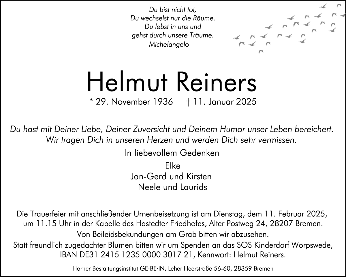 Traueranzeige von Helmut Reiners von WESER-KURIER
