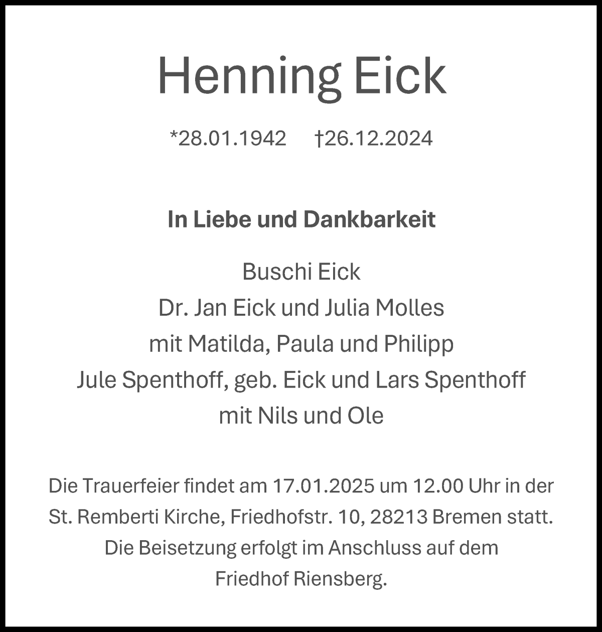 Traueranzeige von Henning Eick von WESER-KURIER