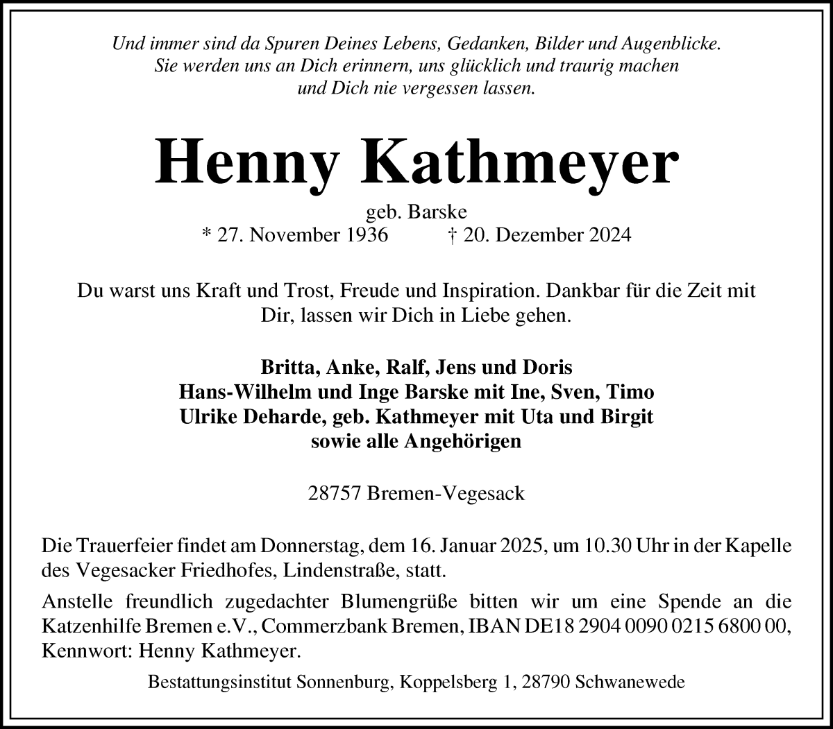 Traueranzeige von Henny Kathmeyer von Die Norddeutsche