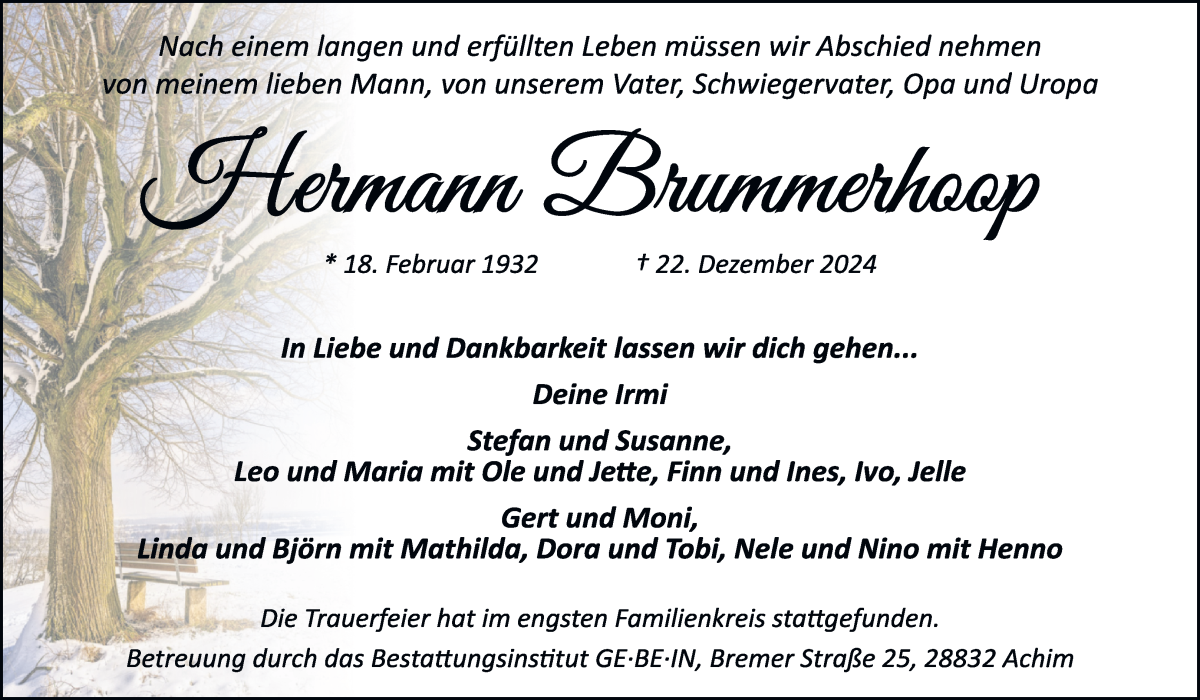Traueranzeige von Hermann Brummerhoop von Achimer Kurier/Verdener Nachrichten