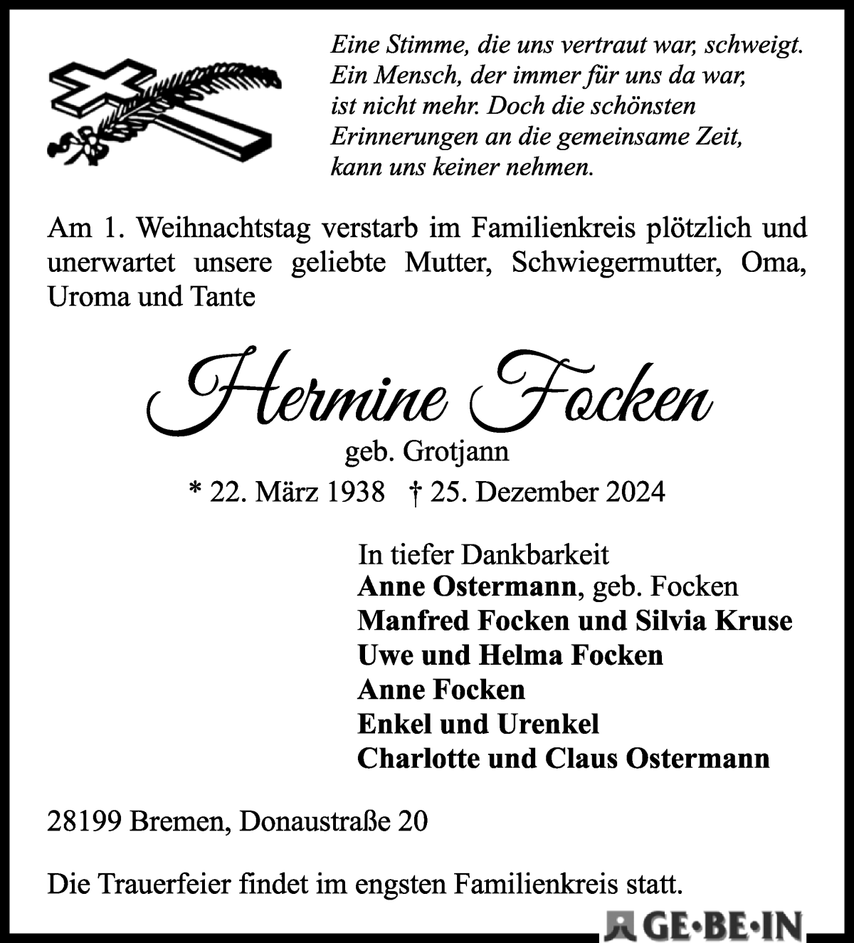 Traueranzeige von Hermine Focken von WESER-KURIER