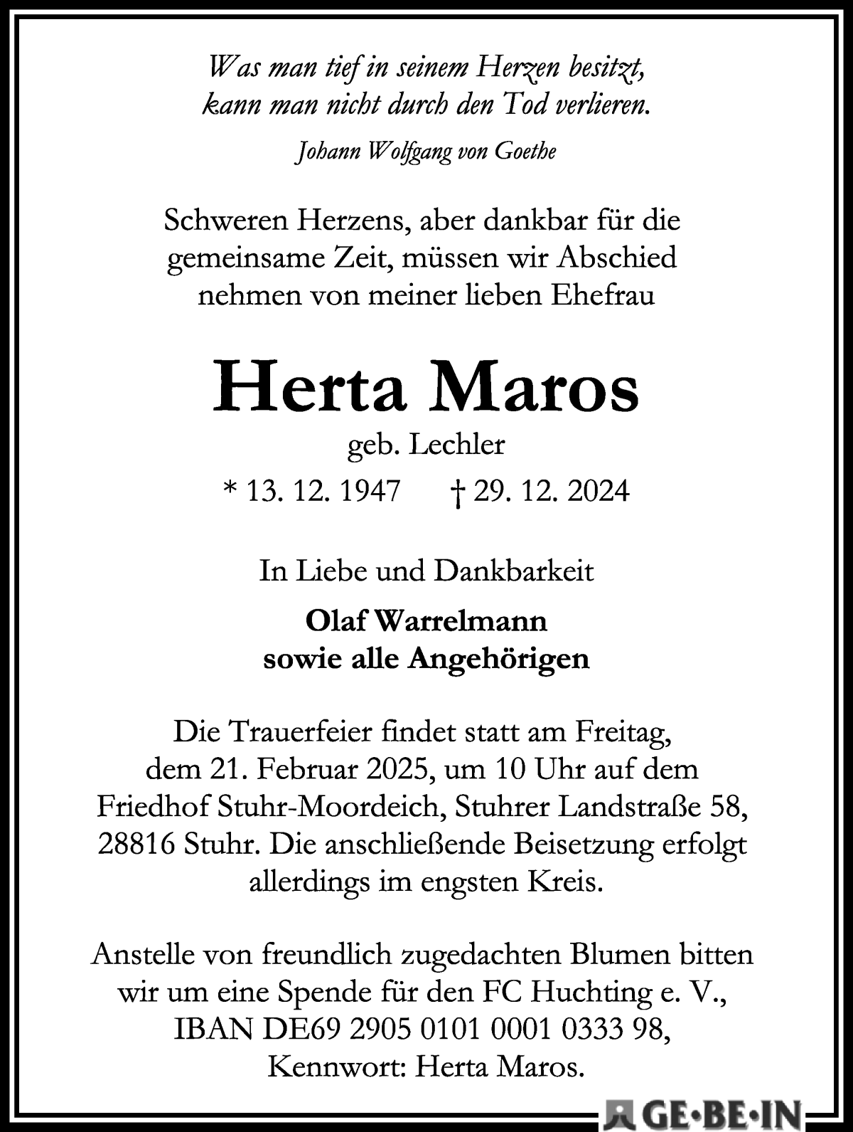 Traueranzeige von Herta Maros von WESER-KURIER