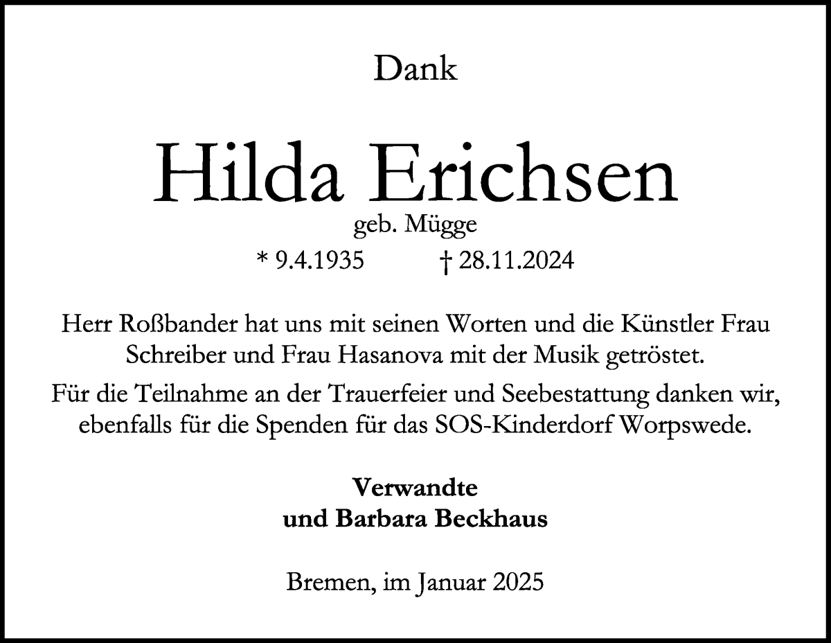 Traueranzeige von Hilda Erichsen von WESER-KURIER