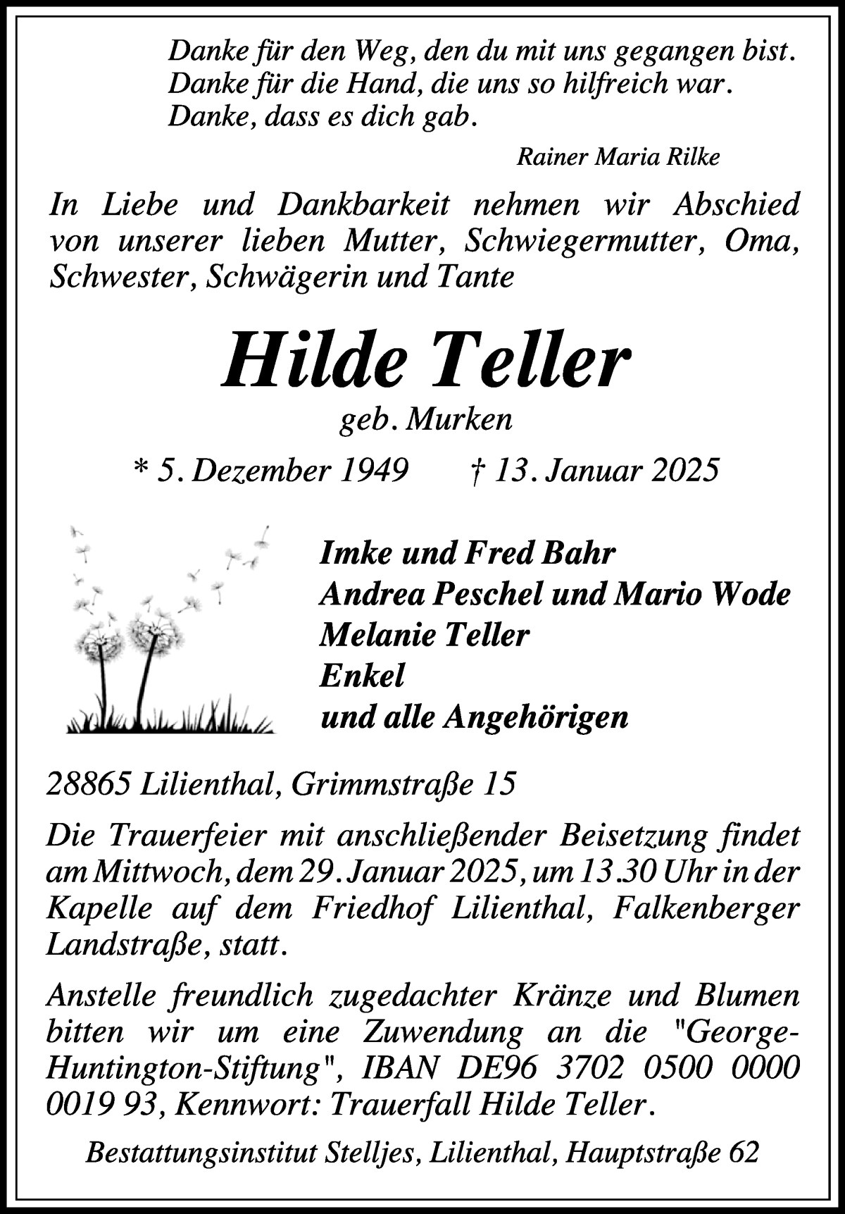 Traueranzeige von Hilde Teller von Wuemme Zeitung