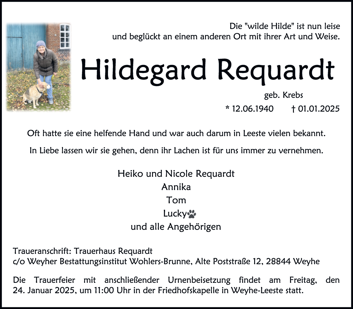 Traueranzeige von Hildegard Requardt von Regionale Rundschau/Syker Kurier