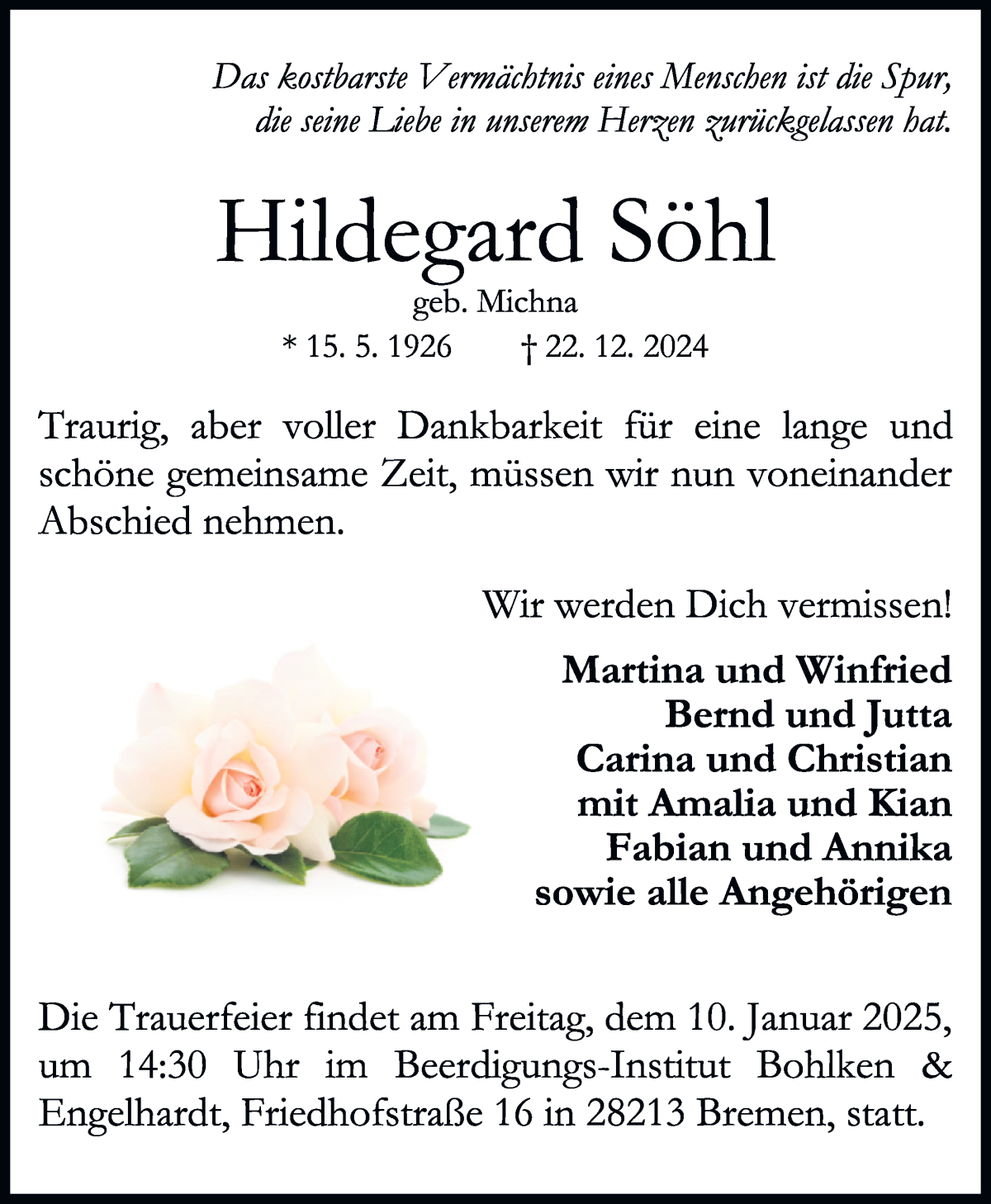 Traueranzeige von Hildegard Söhl von WESER-KURIER