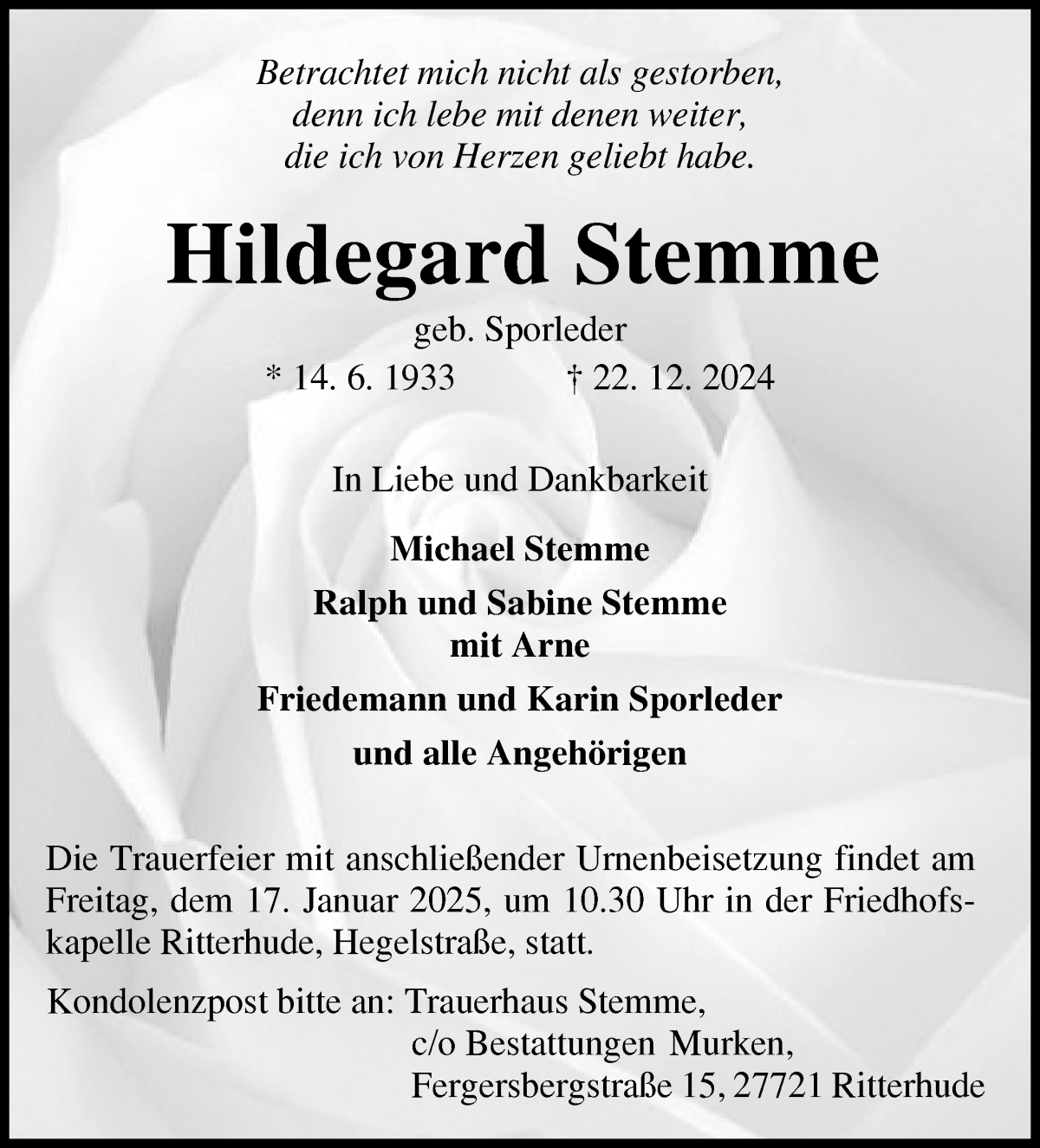 Traueranzeige von Hildegard Stemme von WESER-KURIER