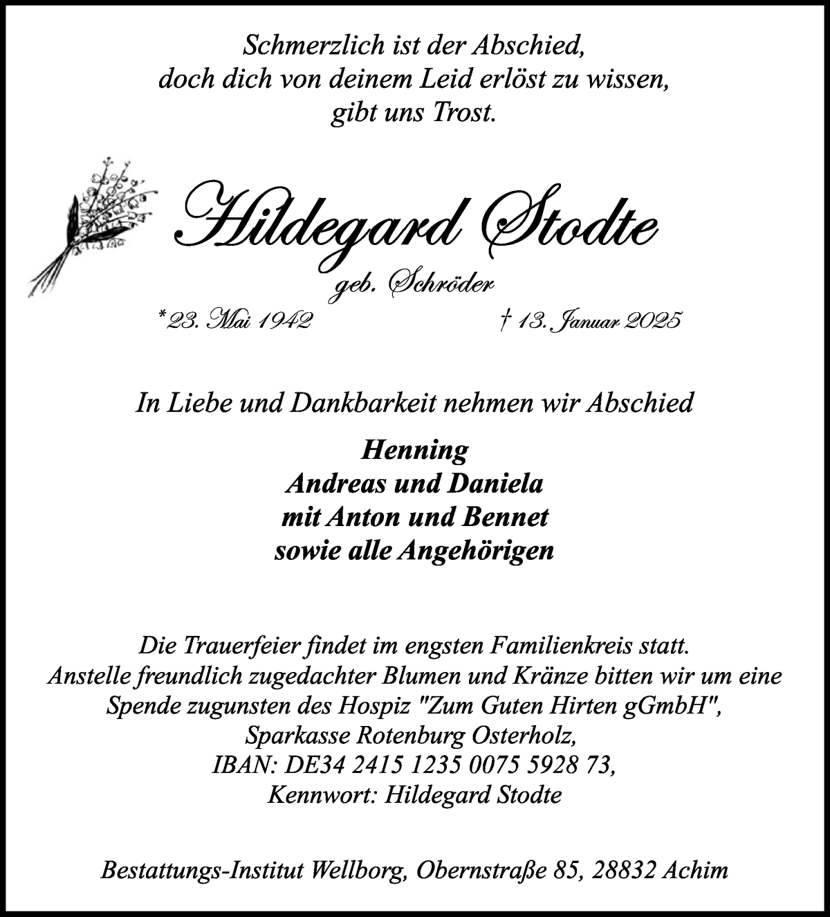 Traueranzeige von Hildegard Stodte von WESER-KURIER