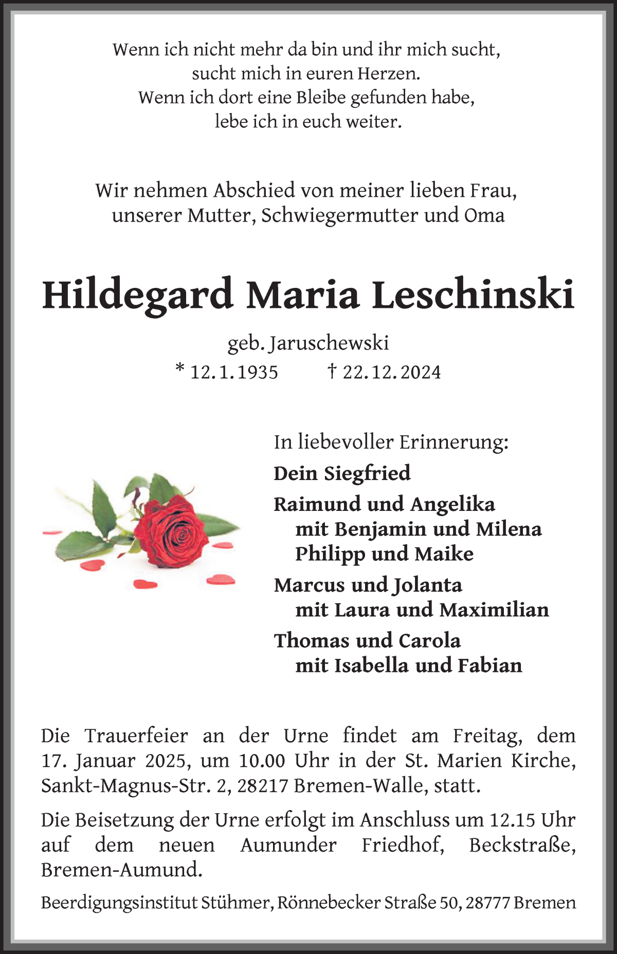 Traueranzeige von Hildegard Maria Leschinski von WESER-KURIER