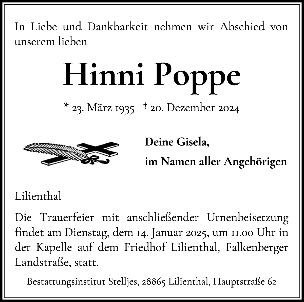 Traueranzeige von Hinni Poppe von Wuemme Zeitung