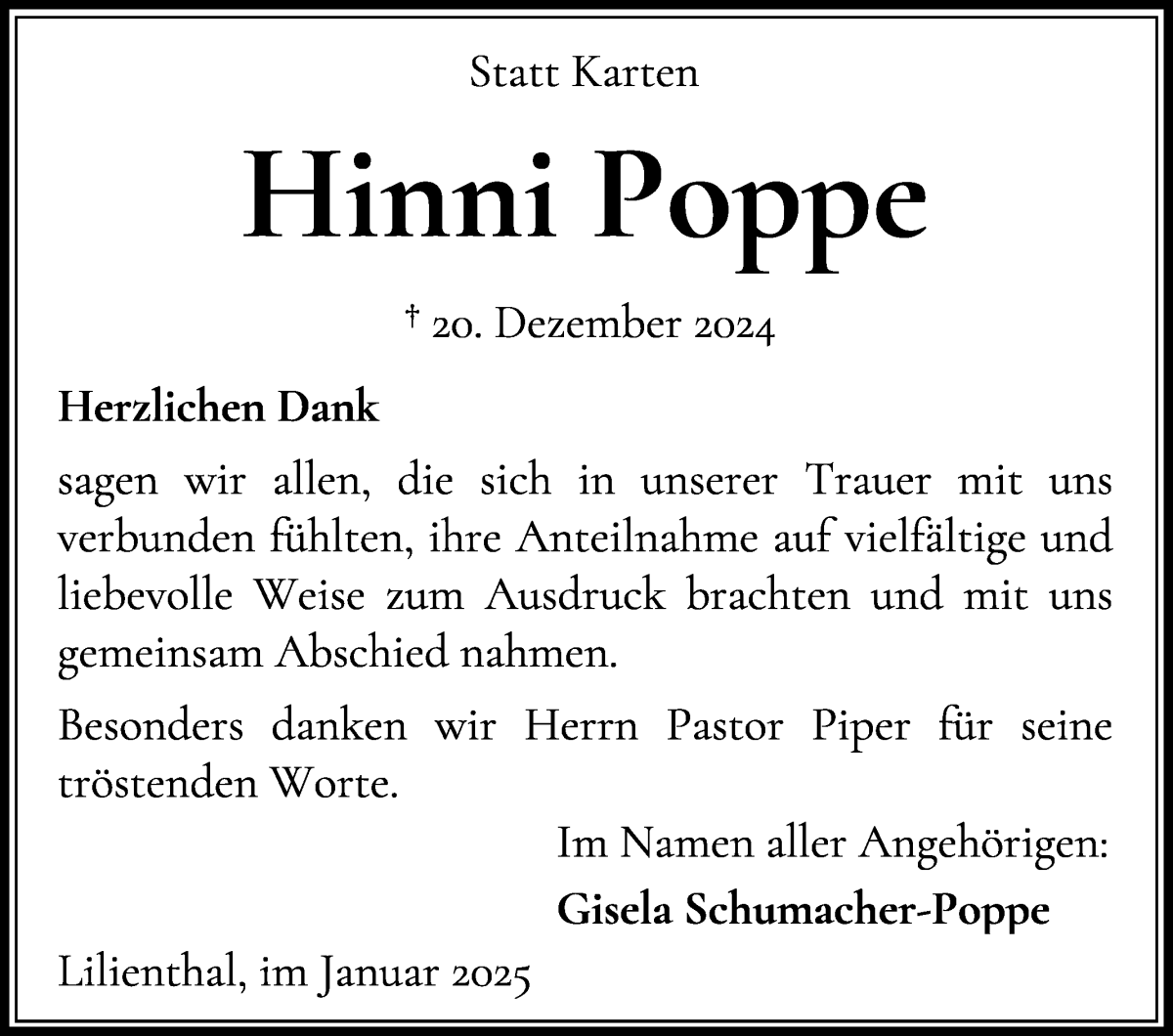 Traueranzeige von Hinni Poppe von Wuemme Zeitung
