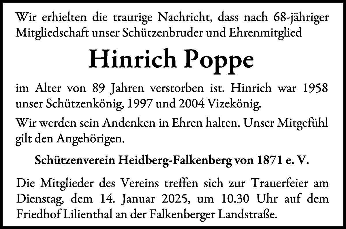 Traueranzeige von Hinrich Poppe von Wuemme Zeitung