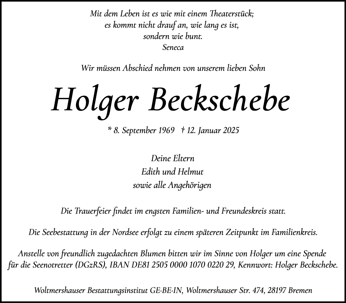 Traueranzeige von Holger Beckschebe von WESER-KURIER