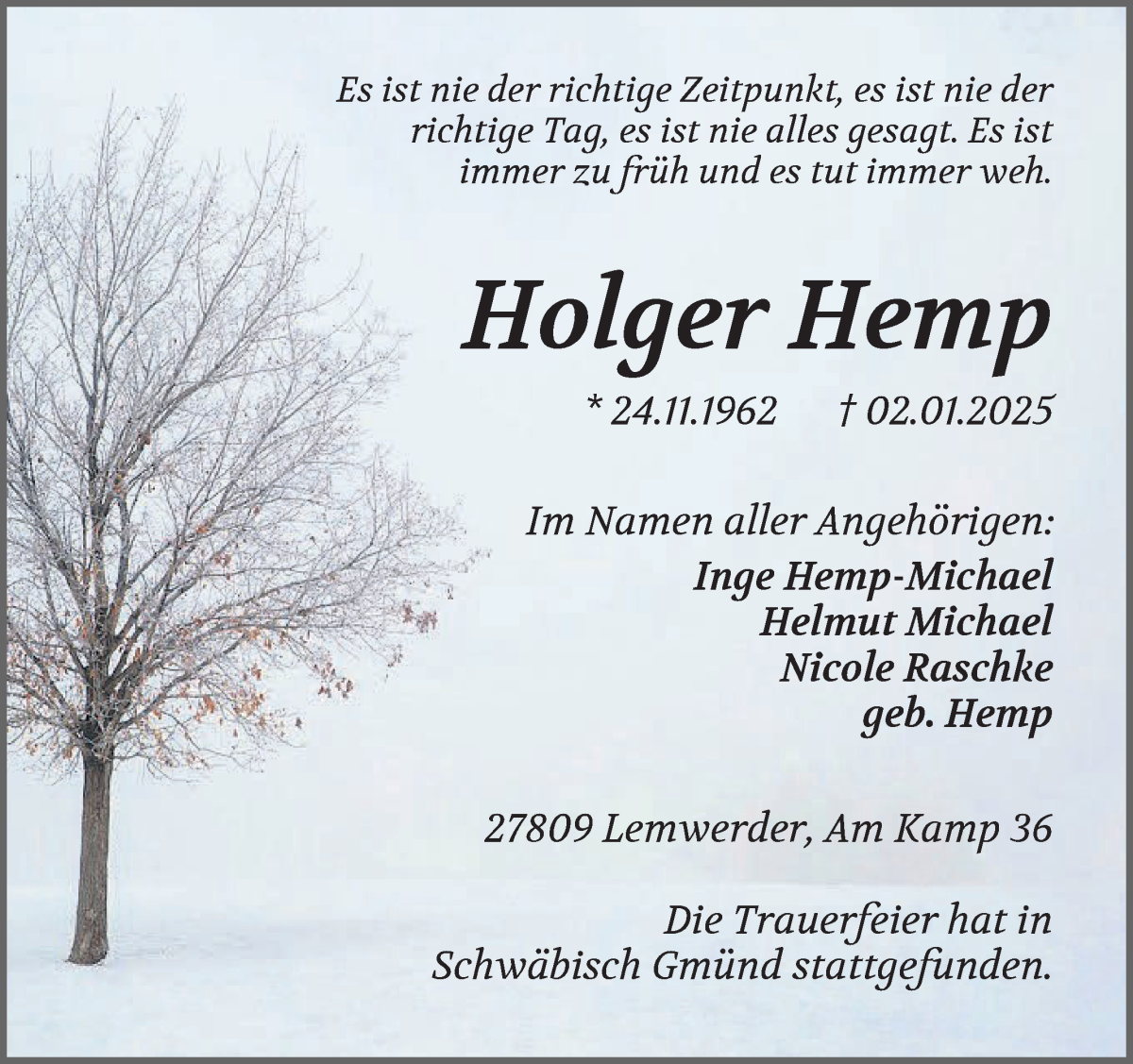 Traueranzeige von Holger Hemp von Die Norddeutsche
