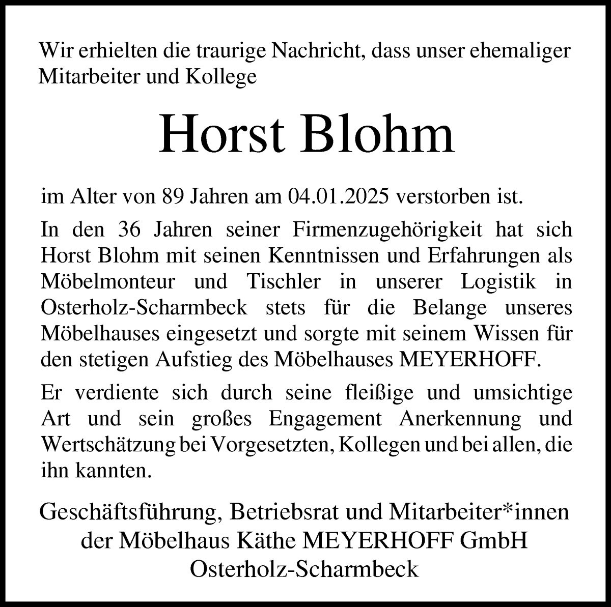Traueranzeige von Horst Blohm von Osterholzer Kreisblatt