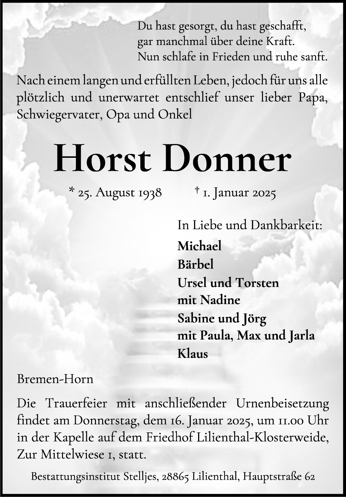 Traueranzeige von Horst Donner von Wuemme Zeitung