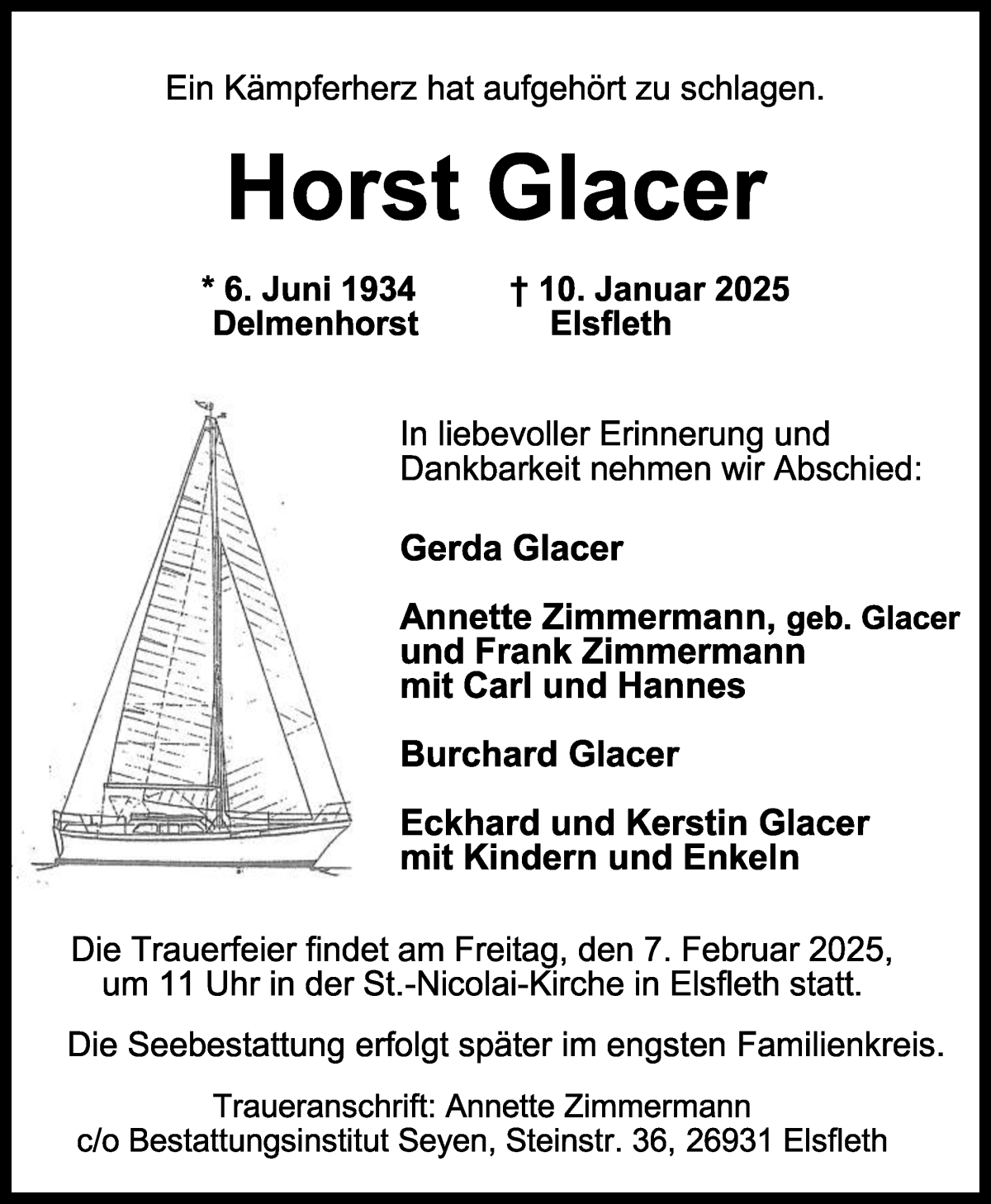 Traueranzeige von Horst Glacer von Osterholzer Kreisblatt
