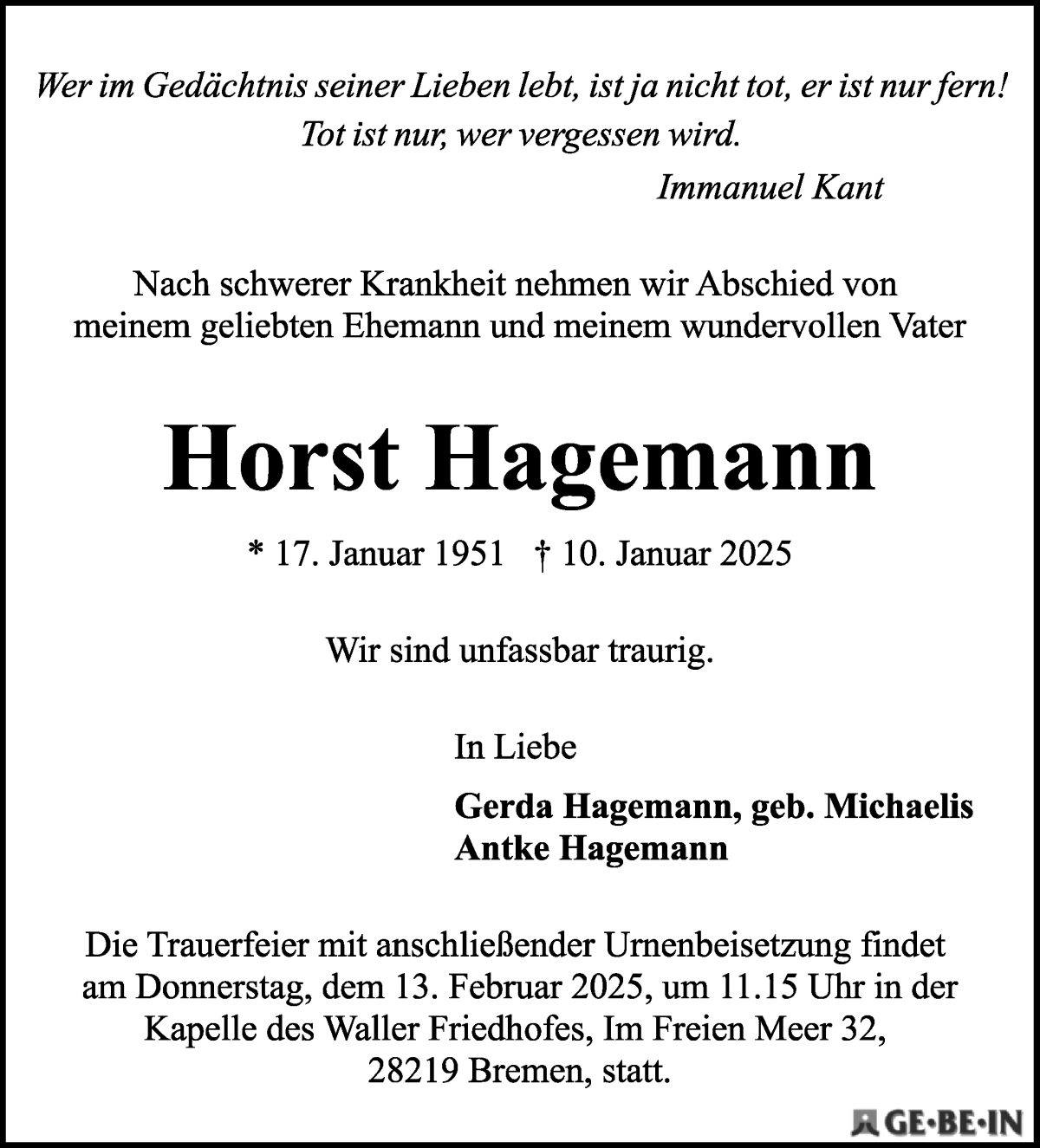 Traueranzeige von Horst Hagemann von WESER-KURIER