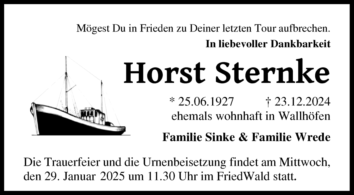 Traueranzeige von Horst Sternke von Osterholzer Kreisblatt