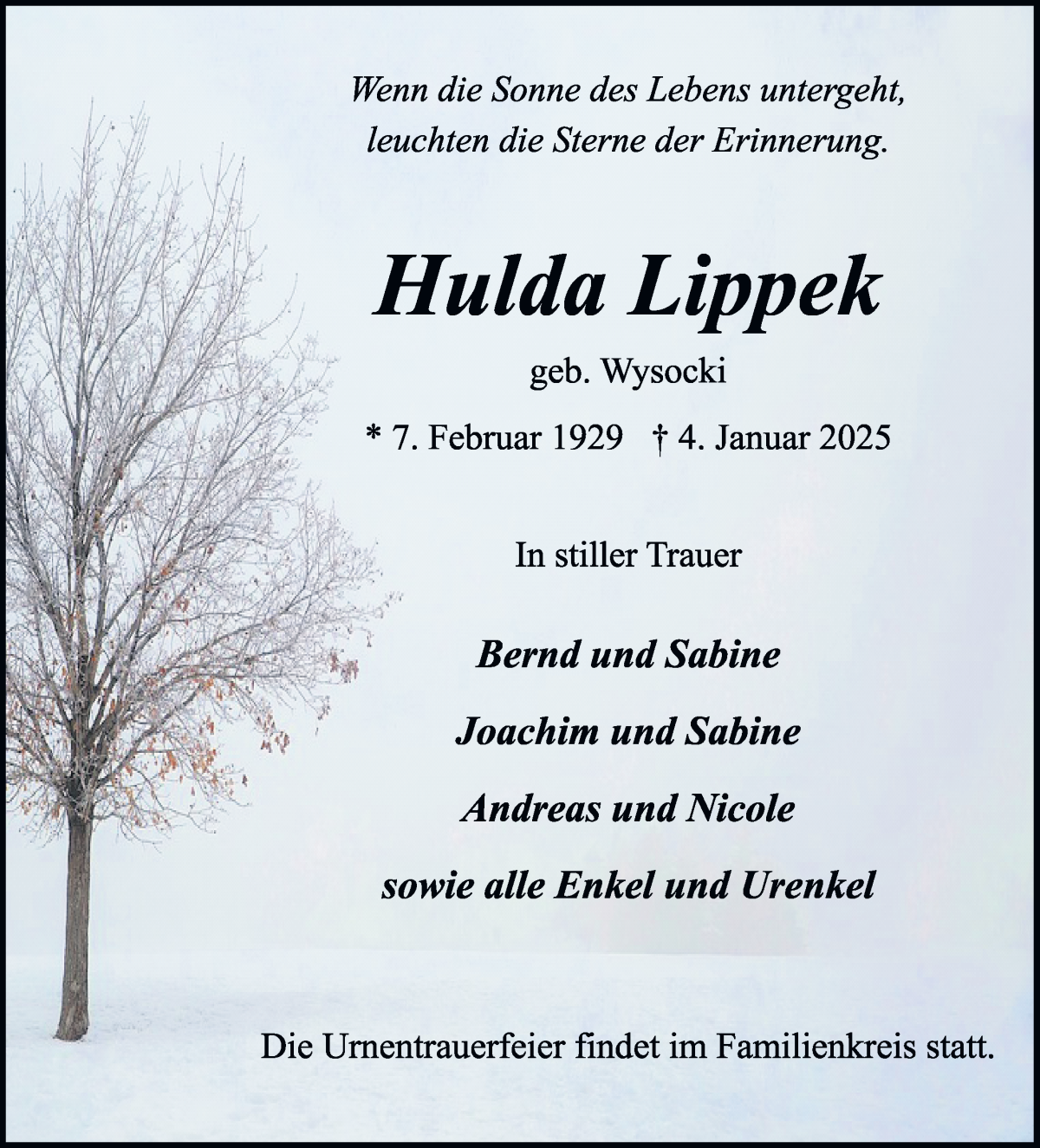 Traueranzeige von Hulda Lippek von WESER-KURIER