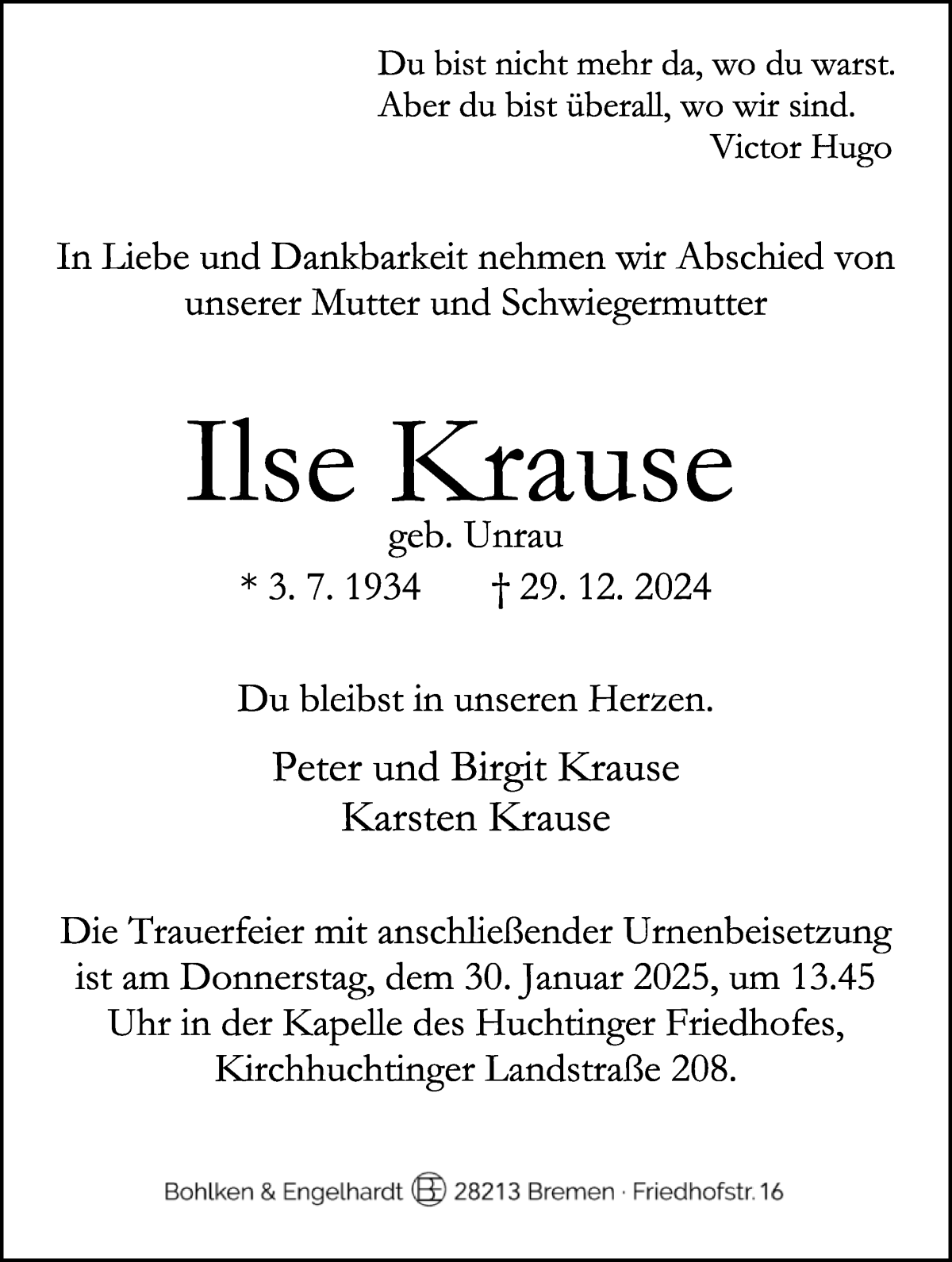 Traueranzeige von Ilse Krause von WESER-KURIER
