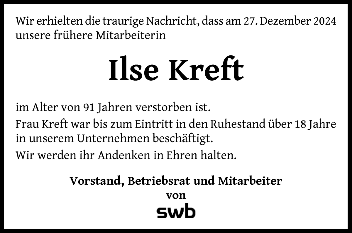 Traueranzeige von Ilse Kreft von WESER-KURIER