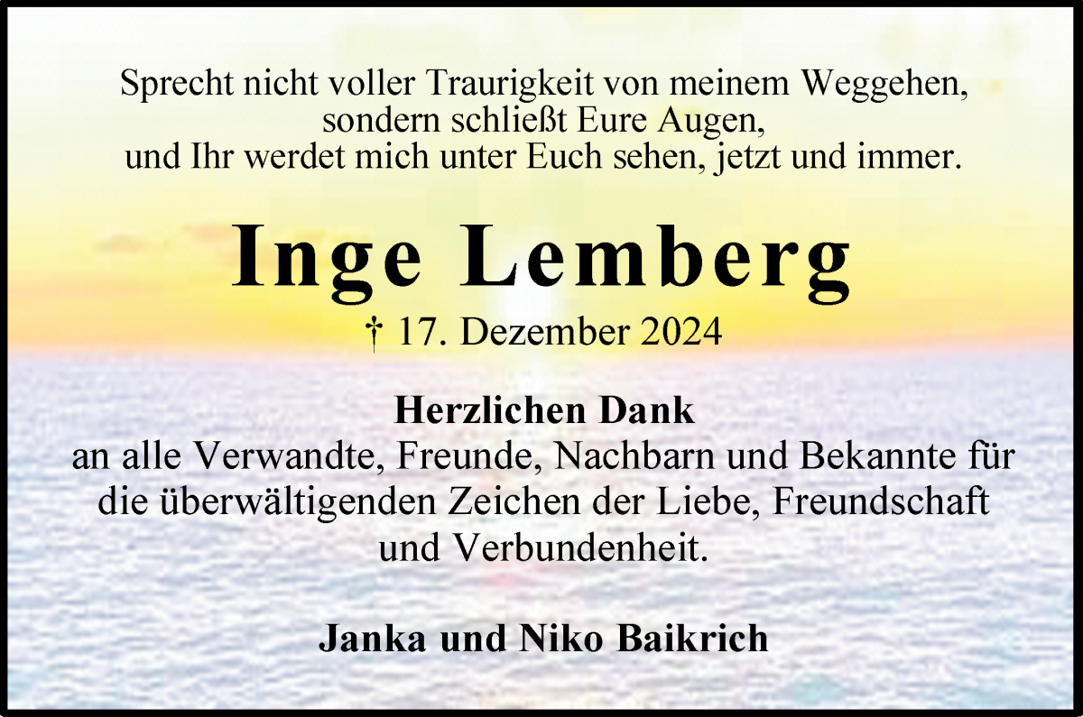 Traueranzeige von Inge Lemberg von WESER-KURIER