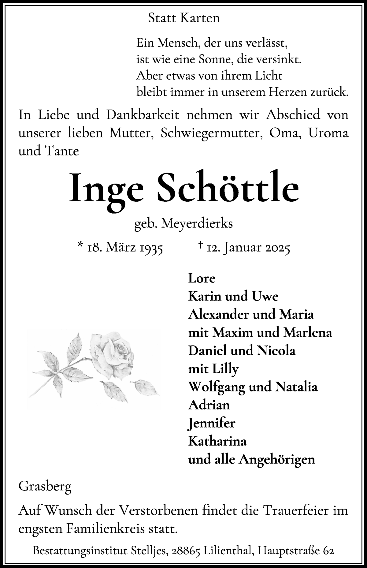 Traueranzeige von Inge Schöttle von Wuemme Zeitung