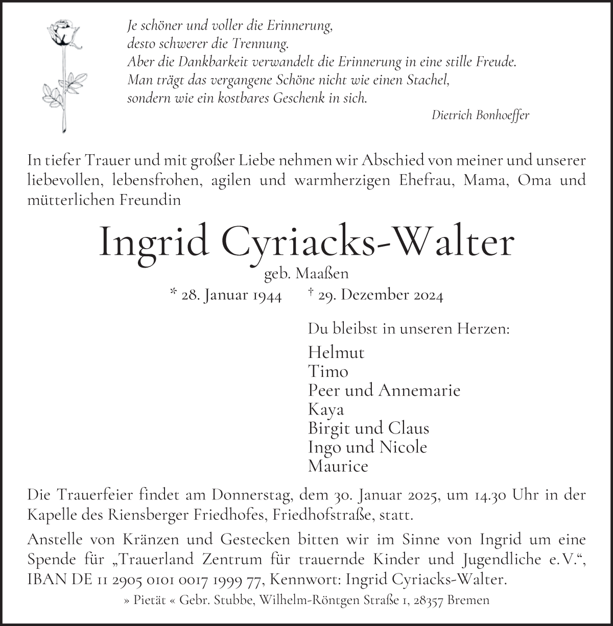 Traueranzeige von Ingrid Cyriacks-Walter von WESER-KURIER