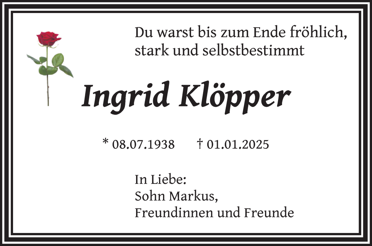 Traueranzeige von Ingrid Klöpper von WESER-KURIER