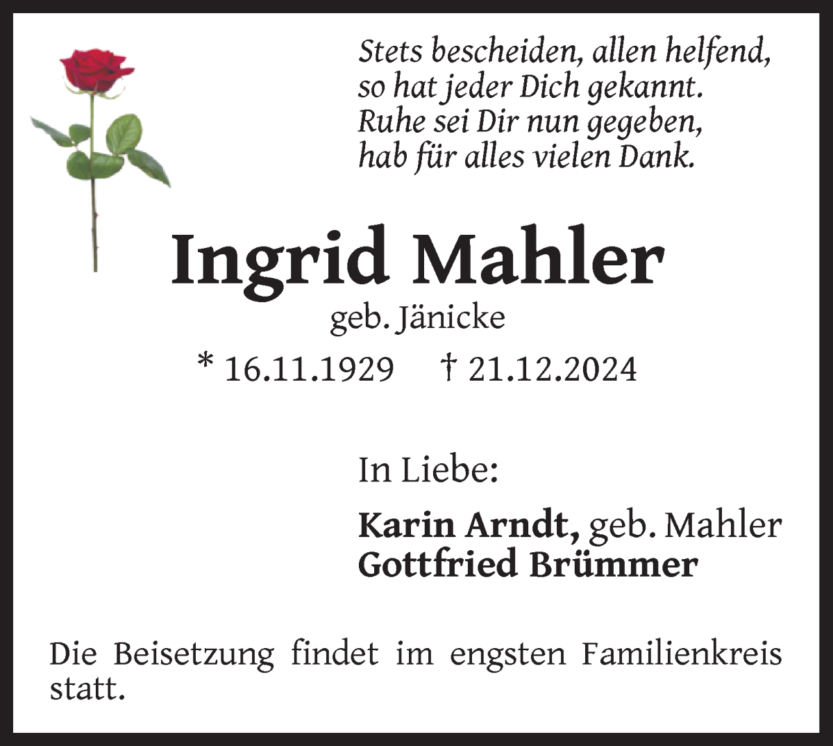 Traueranzeige von Ingrid Mahler von WESER-KURIER