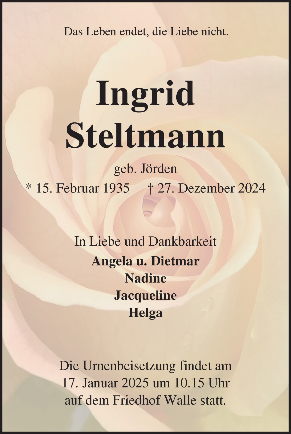Traueranzeige von Ingrid Steltmann von WESER-KURIER