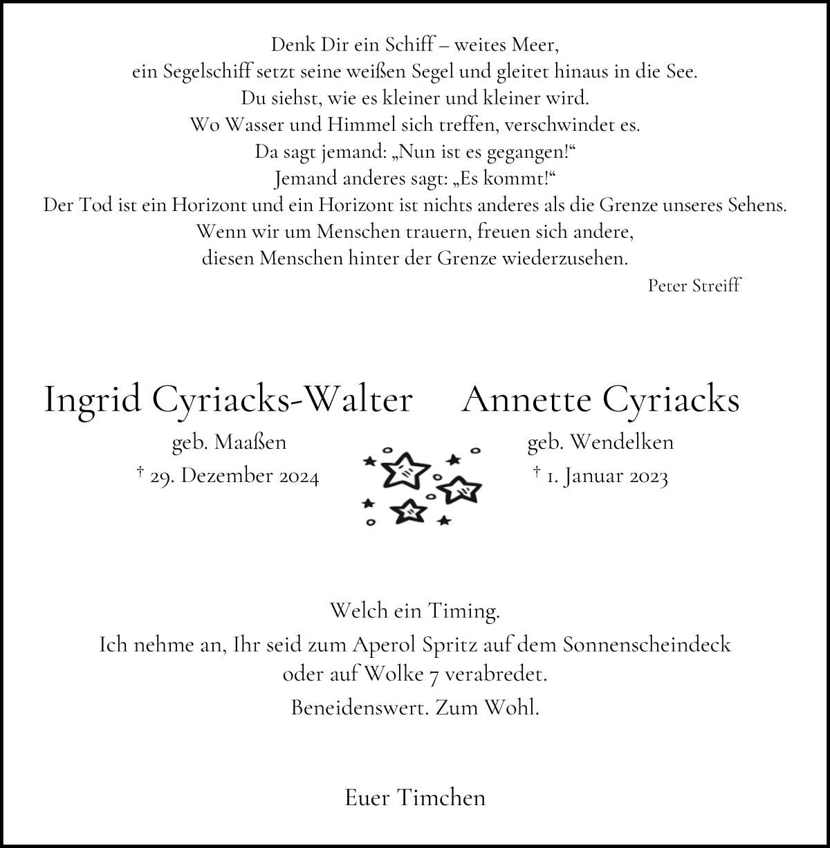 Traueranzeige von Ingrid und Annette Cyriacks von WESER-KURIER