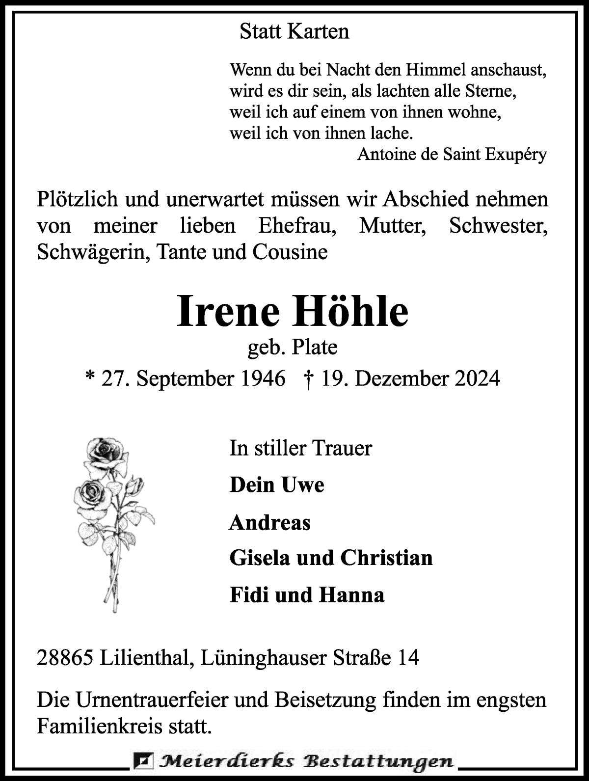 Traueranzeige von Irene Höhle von Wuemme Zeitung