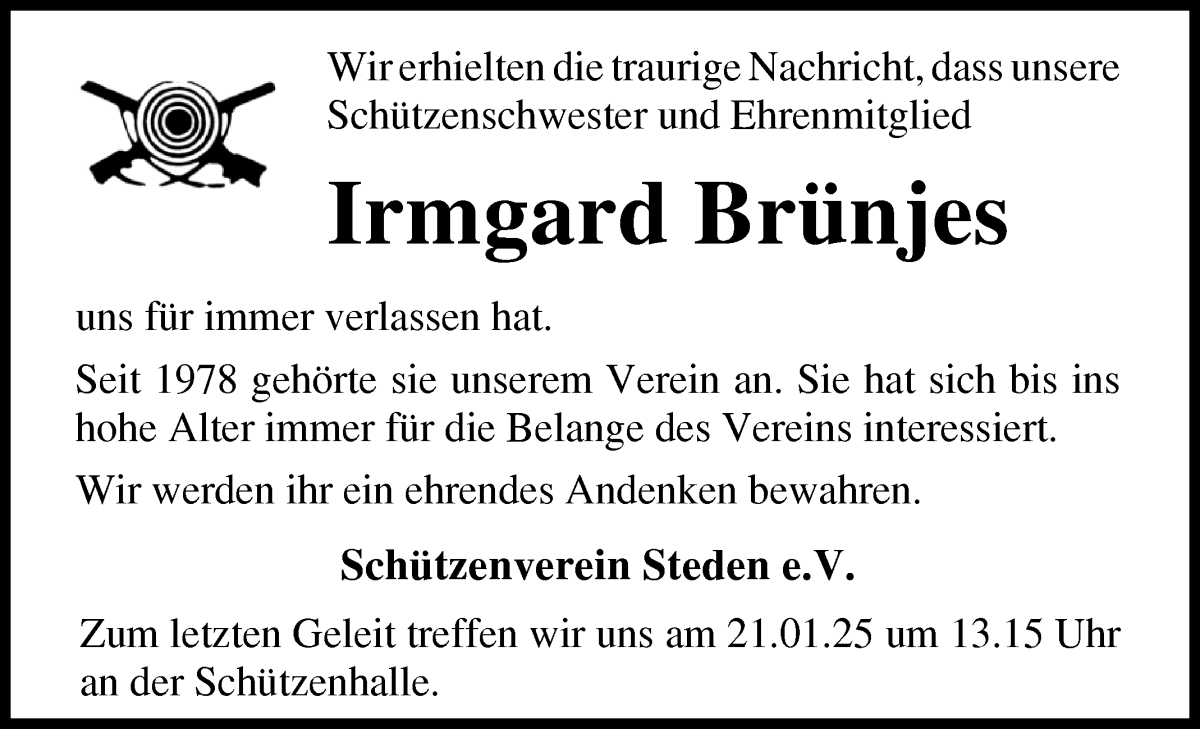 Traueranzeige von Irmgard Brünjes von Osterholzer Kreisblatt