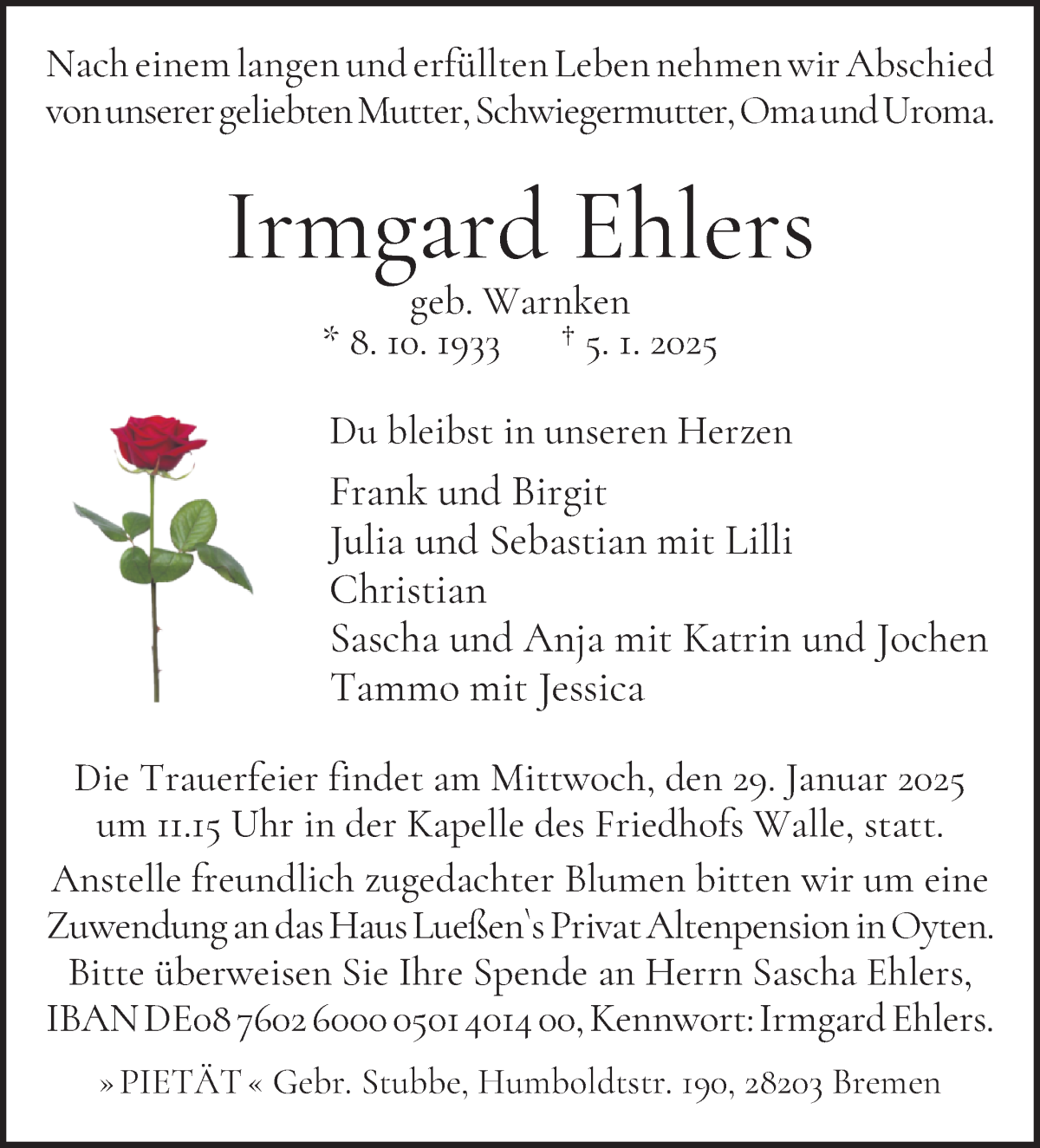 Traueranzeige von Irmgard Ehlers von WESER-KURIER
