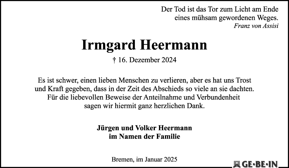 Traueranzeige von Irmgard Heermann von WESER-KURIER
