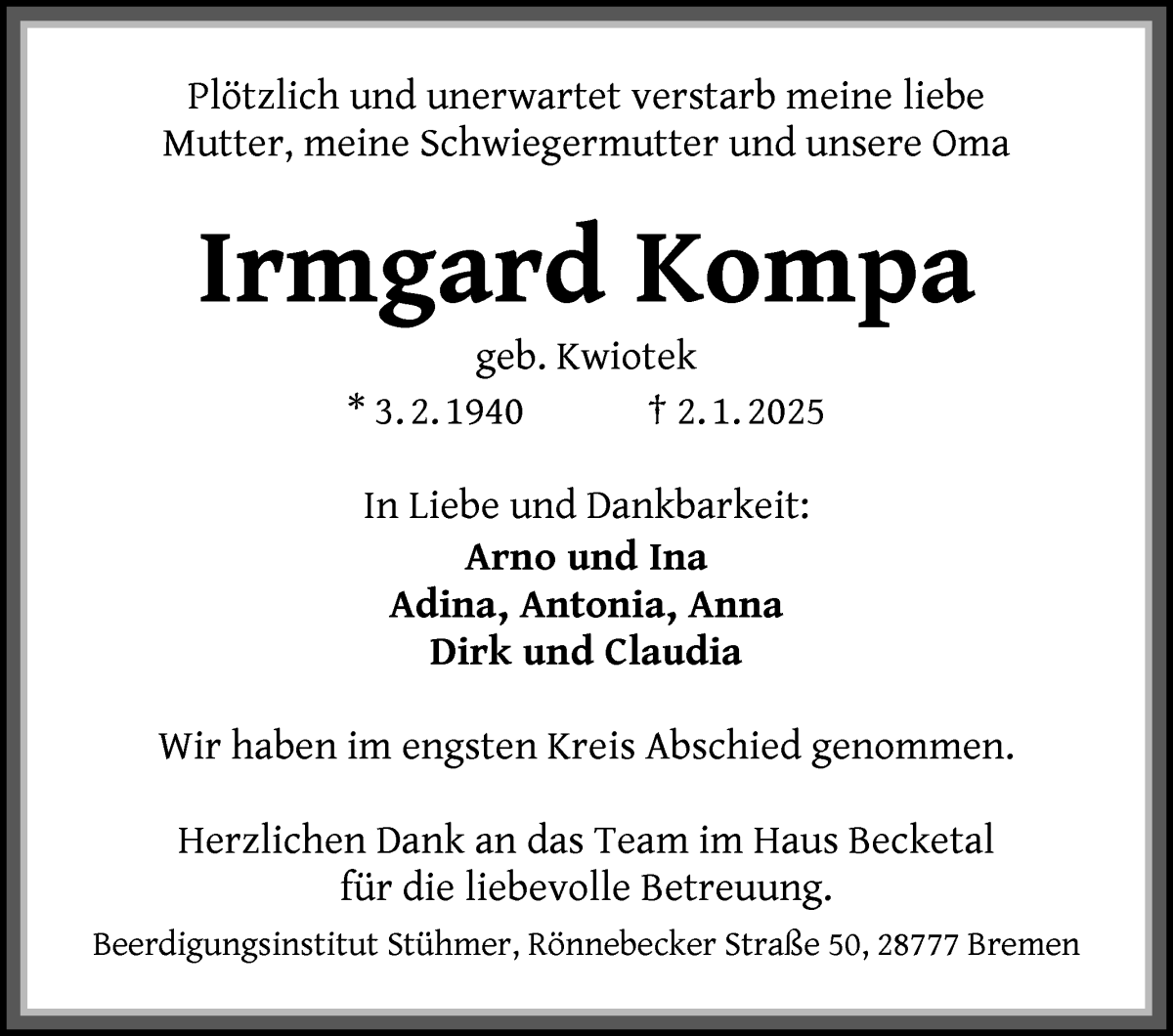 Traueranzeige von Irmgard Kompa von Die Norddeutsche