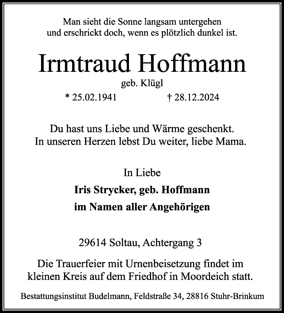 Traueranzeige von Irmtraud Hoffmann von WESER-KURIER