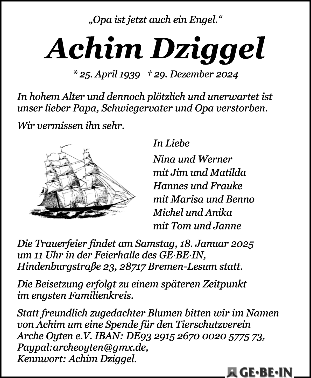 Traueranzeige von Joachim Dziggel von WESER-KURIER