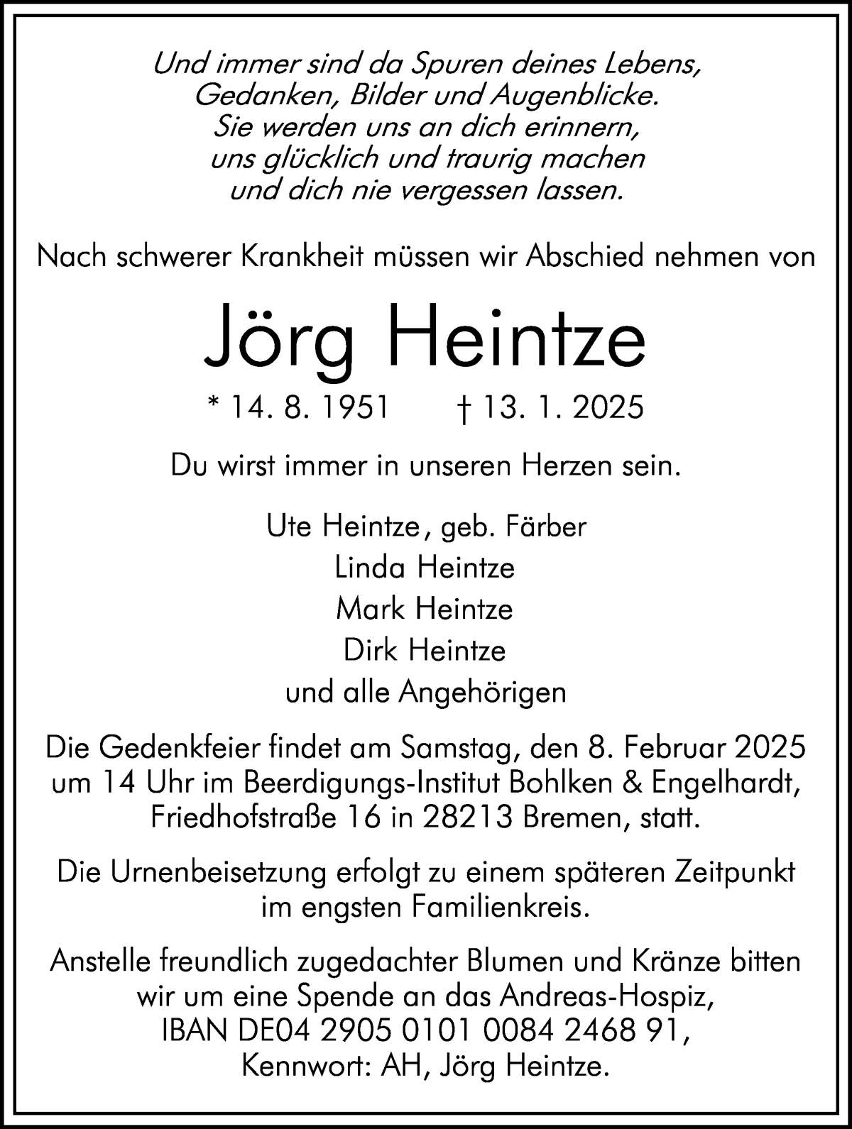 Traueranzeige von Jörg Heintze von WESER-KURIER
