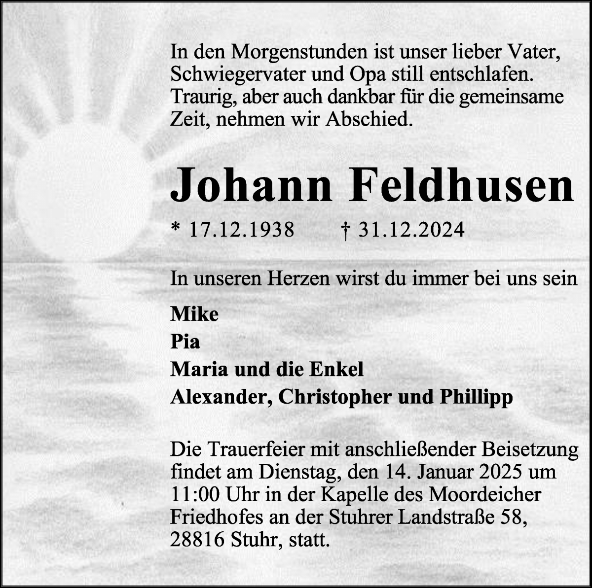 Traueranzeige von Johann Feldhusen von WESER-KURIER