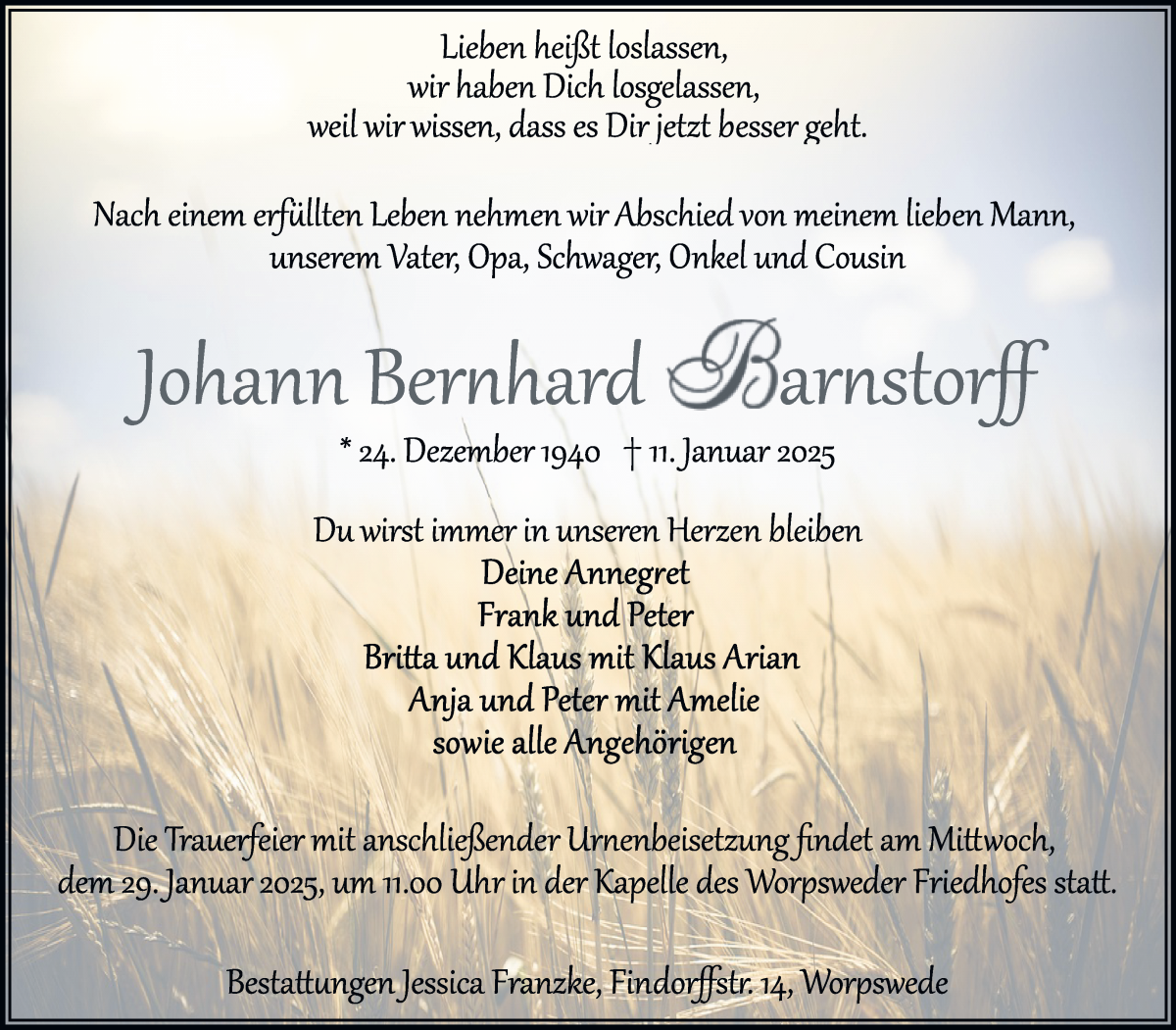 Traueranzeige von Johann Bernhard Barnstorff von Wuemme Zeitung