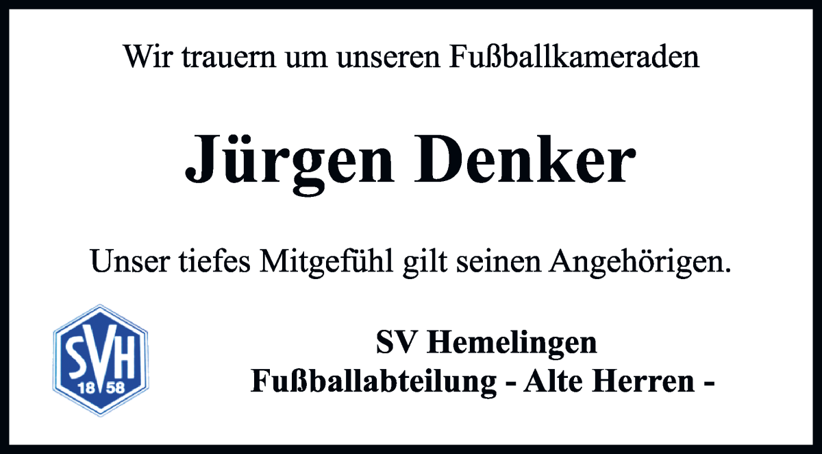 Traueranzeige von Jürgen Denker von WESER-KURIER
