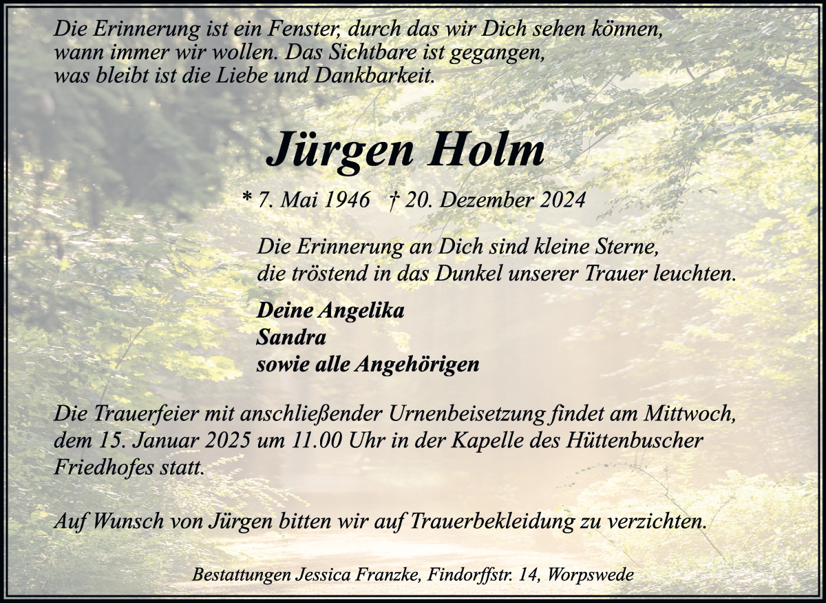 Traueranzeige von Jürgen Holm von Wuemme Zeitung
