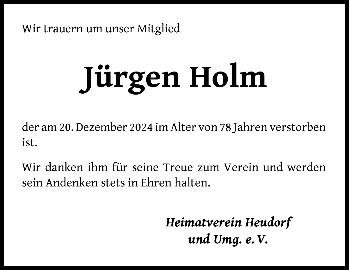 Traueranzeige von Jürgen Holm von Wuemme Zeitung