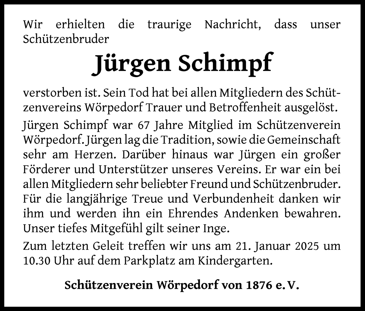 Traueranzeige von Jürgen Schimpf von Wuemme Zeitung