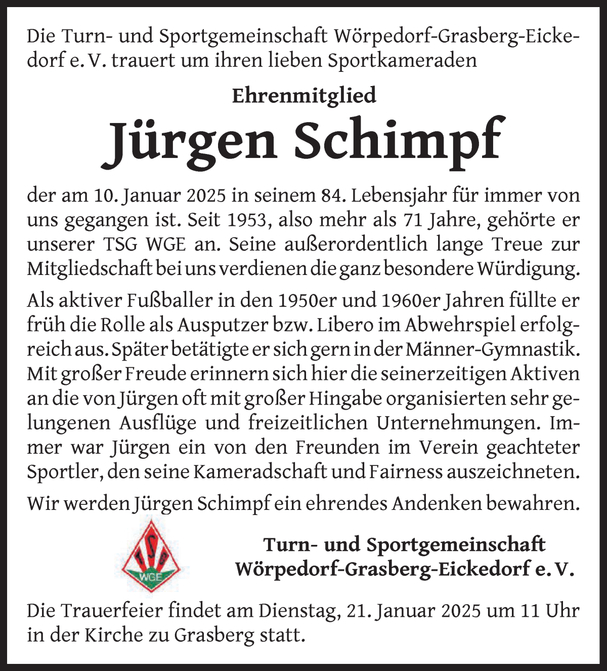 Traueranzeige von Jürgen Schimpf von Wuemme Zeitung