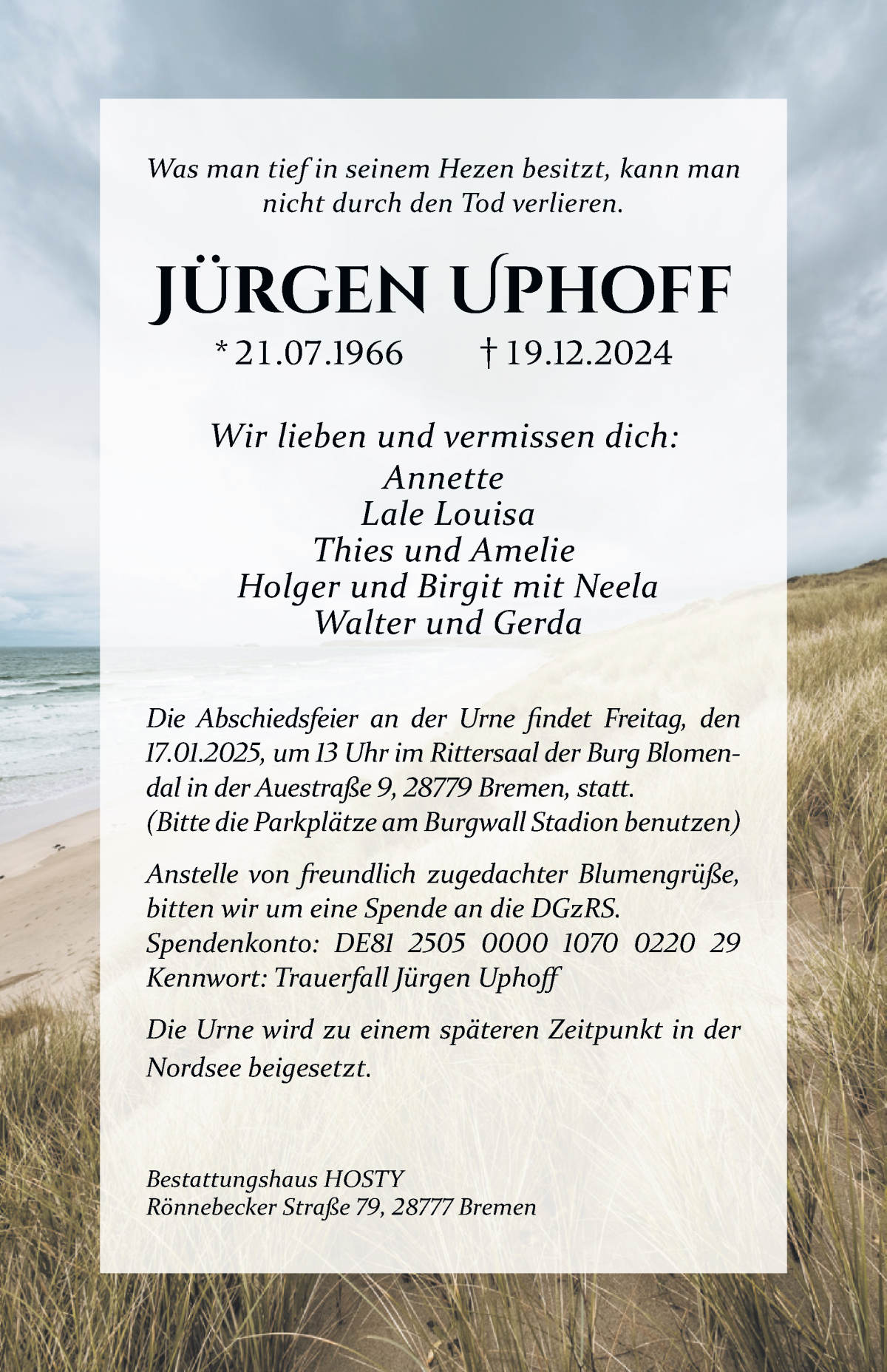 Traueranzeige von Jürgen Uphoff von Die Norddeutsche