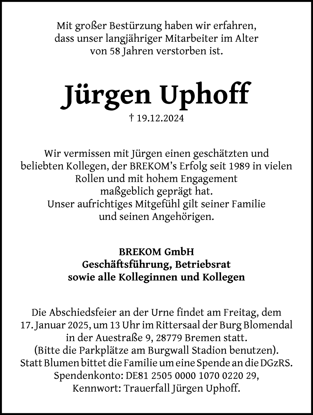 Traueranzeige von Jürgen Uphoff von WESER-KURIER
